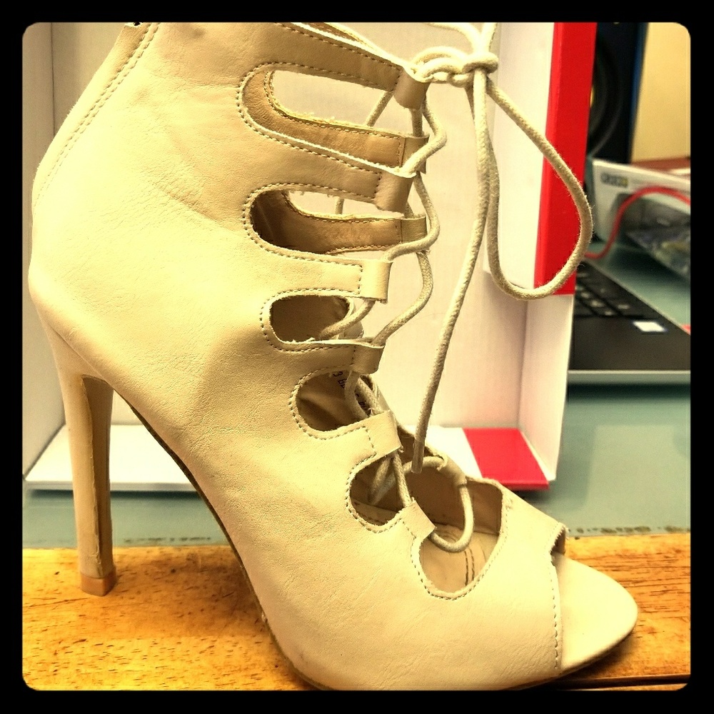 Bella Marie Lace Up Beige Heels